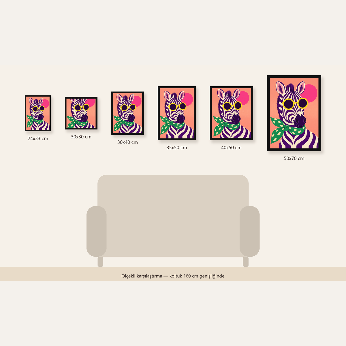 Retro Zebra Portresi Poster — Modern Renklerde Duvar Dekoru — Dikey ölçülerinin karşılaştırması