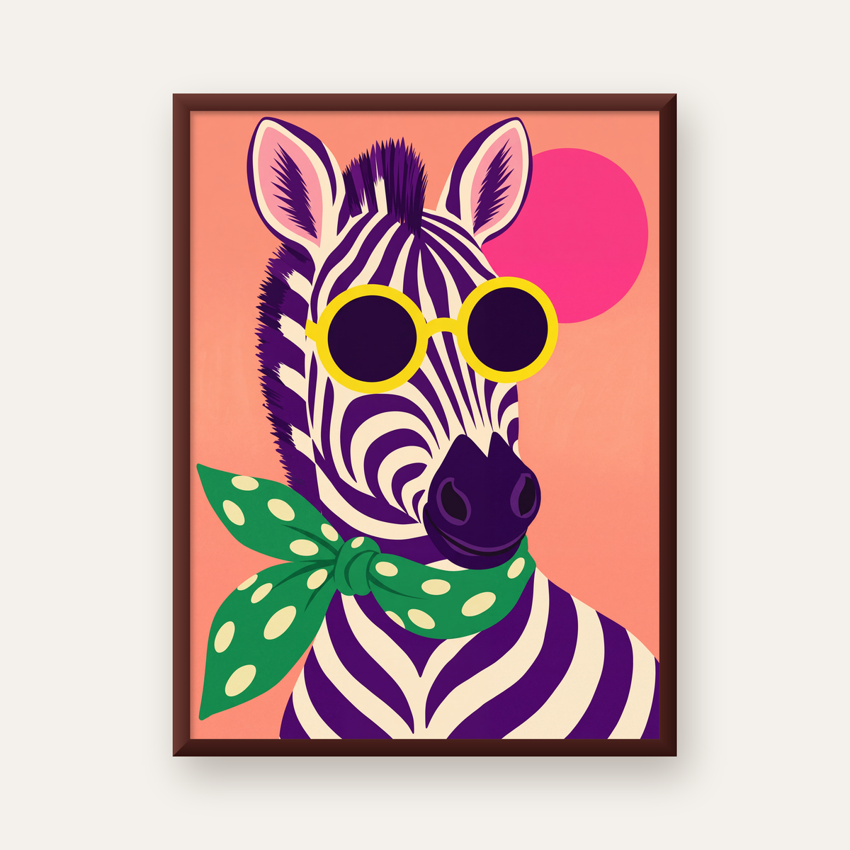 Retro Zebra Portresi Poster — Modern Renklerde Duvar Dekoru — ceviz çerçeveli