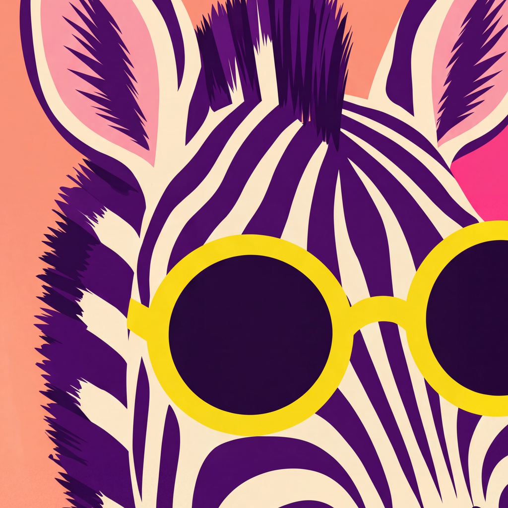 Retro Zebra Portresi Poster — Modern Renklerde Duvar Dekoru — baskının yakın çekimi, kâğıt dokusu ve renk detayı