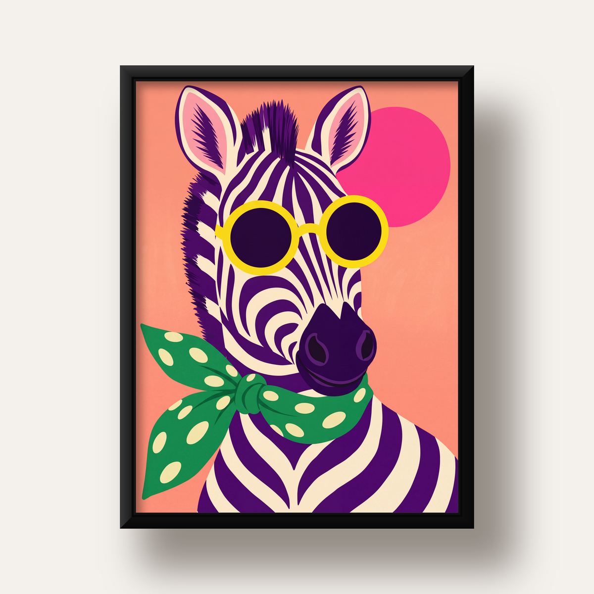Retro Zebra Portresi Poster — Modern Renklerde Duvar Dekoru — siyah derin çerçeveli