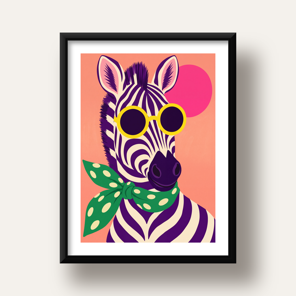 Retro Zebra Portresi Poster — Modern Renklerde Duvar Dekoru — siyah derin çerçeveli paspartulu