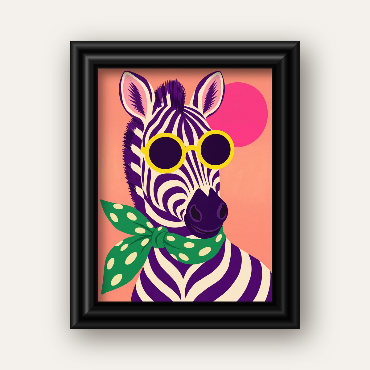 Retro Zebra Portresi Poster — Modern Renklerde Duvar Dekoru — siyah galeri çerçeveli