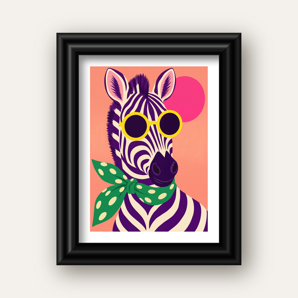 Retro Zebra Portresi Poster — Modern Renklerde Duvar Dekoru — siyah galeri çerçeveli paspartulu