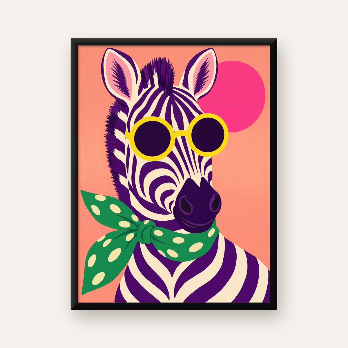 Retro Zebra Portresi Poster — Modern Renklerde Duvar Dekoru — Dikey baskı, düz siyah çerçeveli duvar posteri