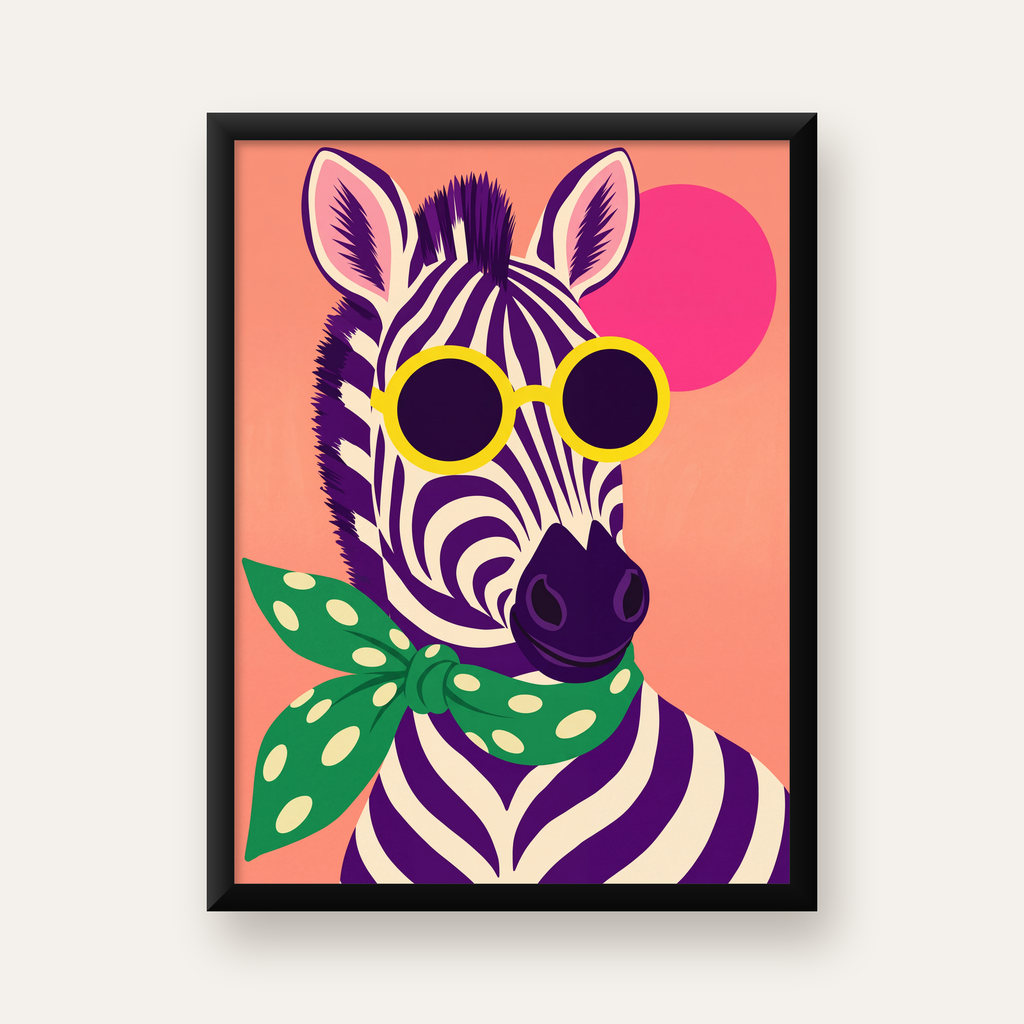 Retro Zebra Portresi Poster — Modern Renklerde Duvar Dekoru — Dikey baskı, düz siyah çerçeveli duvar posteri