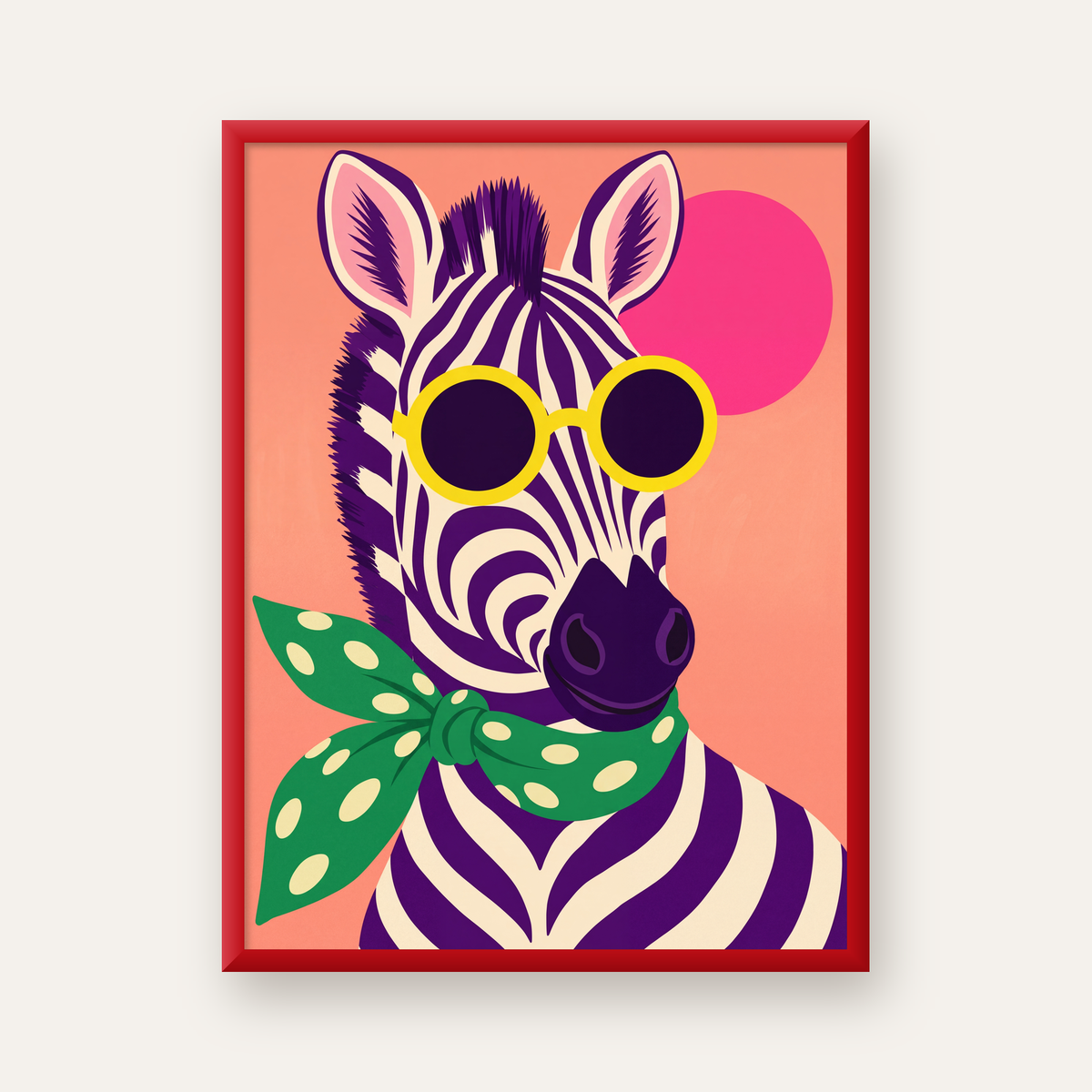 Retro Zebra Portresi Poster — Modern Renklerde Duvar Dekoru — kırmızı çerçeveli