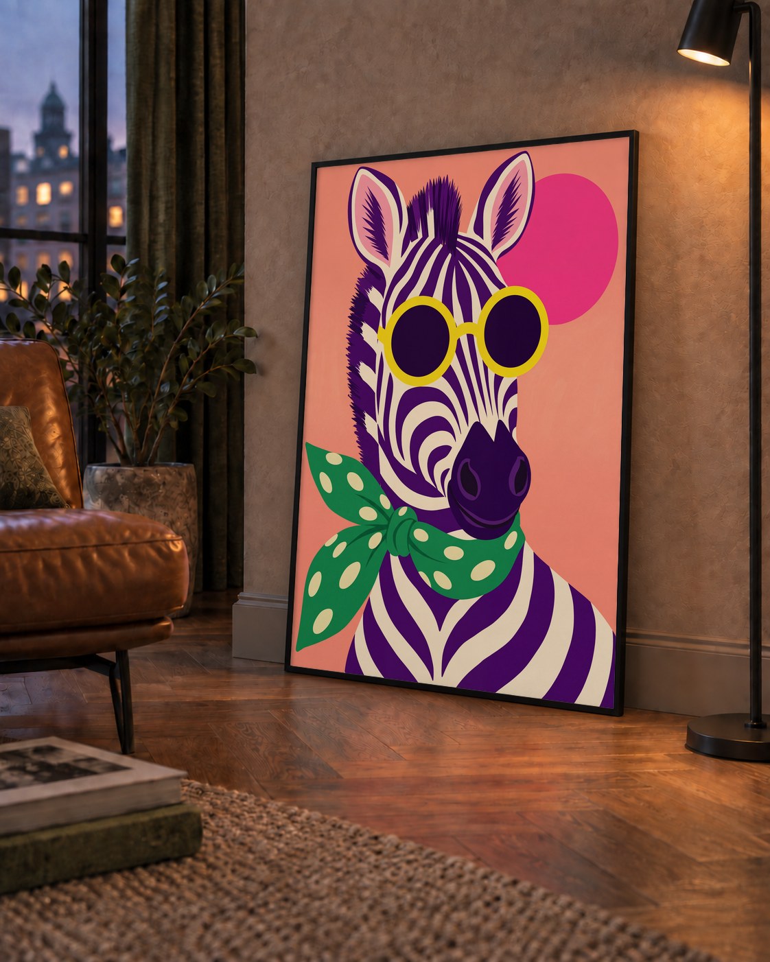 Retro Zebra Portresi Poster — Modern Renklerde Duvar Dekoru — çerçeveli hâliyle bir ev duvarında