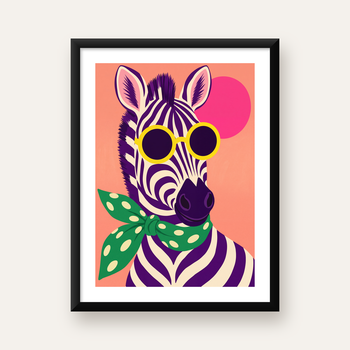 Retro Zebra Portresi Poster — Modern Renklerde Duvar Dekoru — Dikey baskı, beyaz paspartulu
