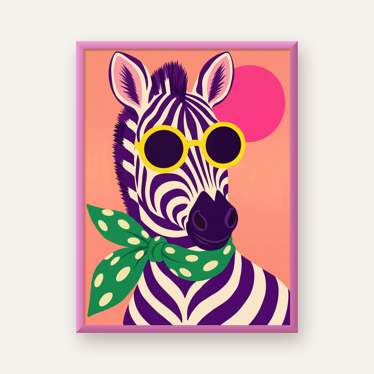 Retro Zebra Portresi Poster — Modern Renklerde Duvar Dekoru — pembe çerçeveli