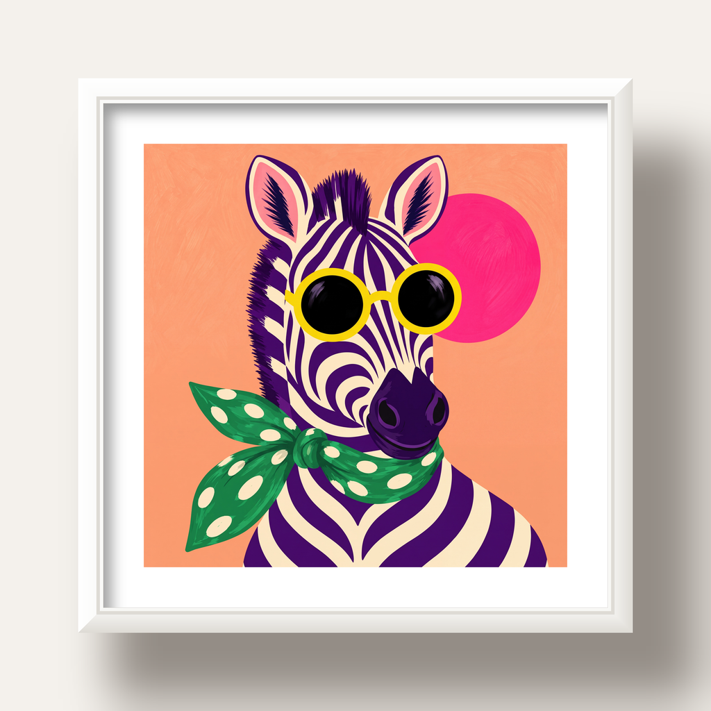 Retro Zebra Portresi Poster — Modern Renklerde Duvar Dekoru — beyaz derin çerçeveli paspartulu