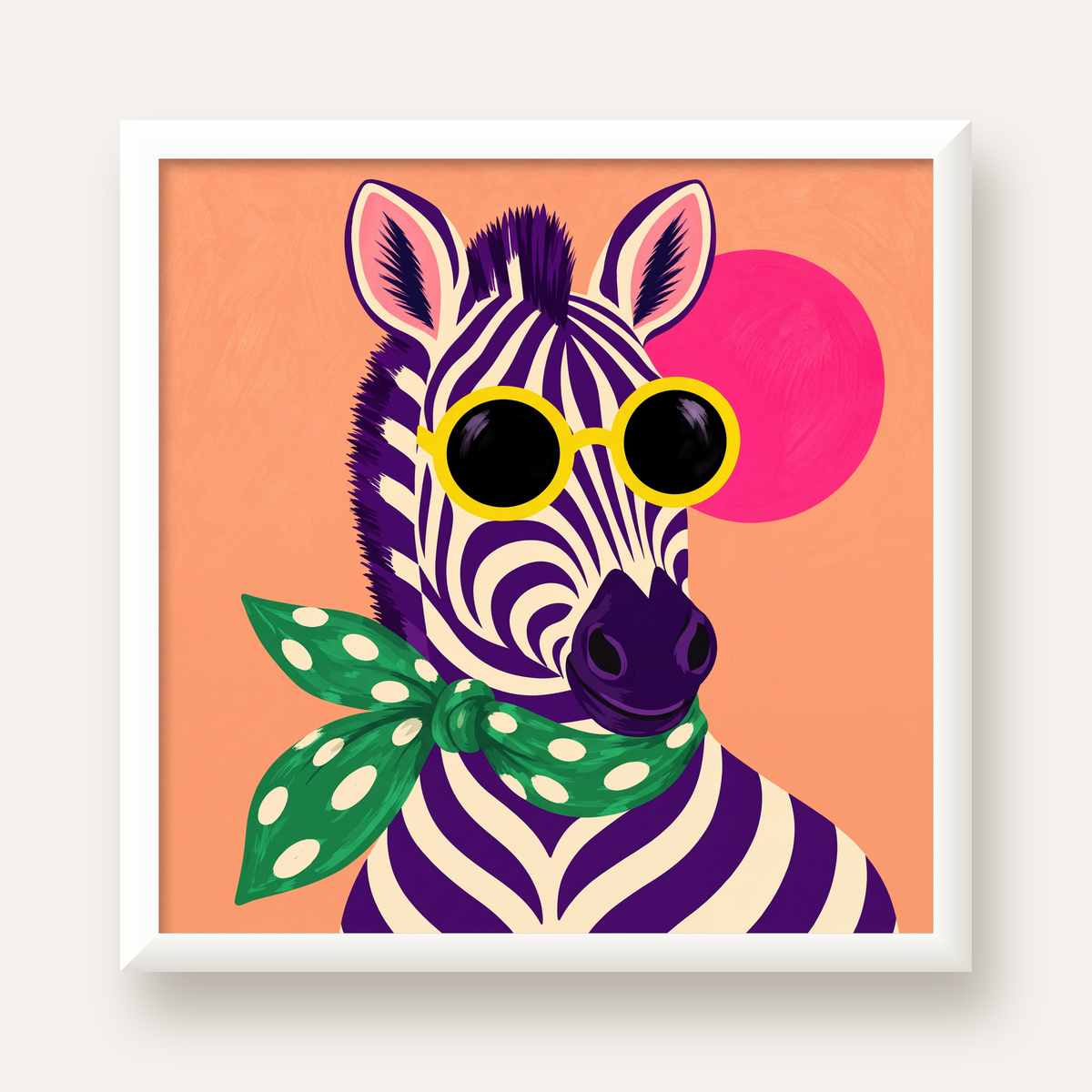 Retro Zebra Portresi Poster — Modern Renklerde Duvar Dekoru — beyaz çerçeveli kare poster