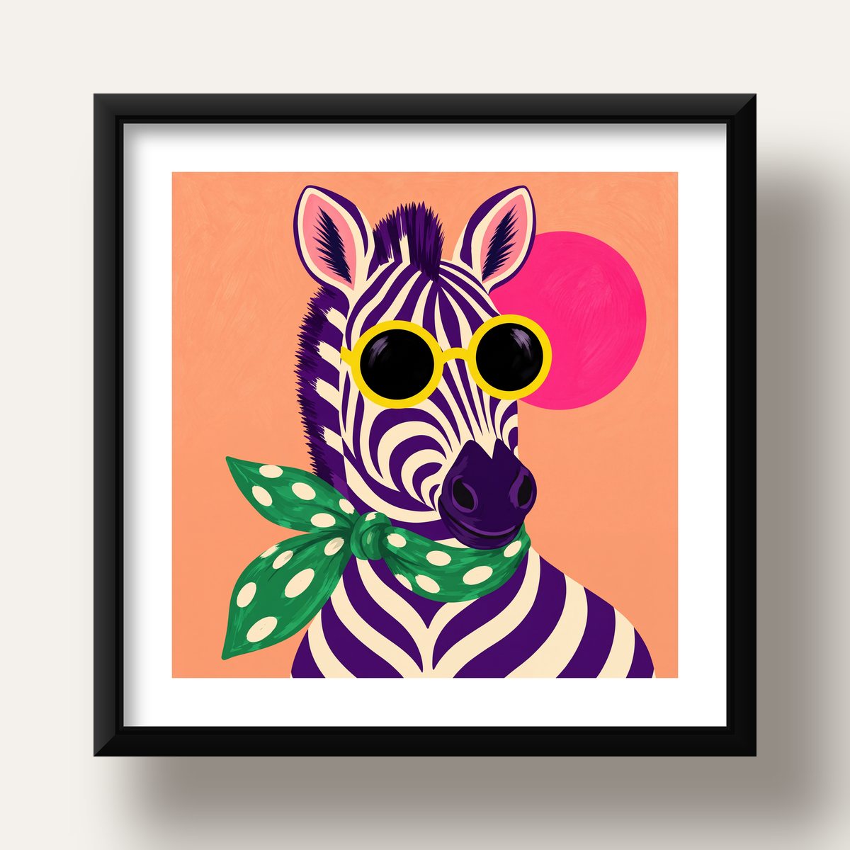 Retro Zebra Portresi Poster — Modern Renklerde Duvar Dekoru — siyah derin çerçeveli paspartulu