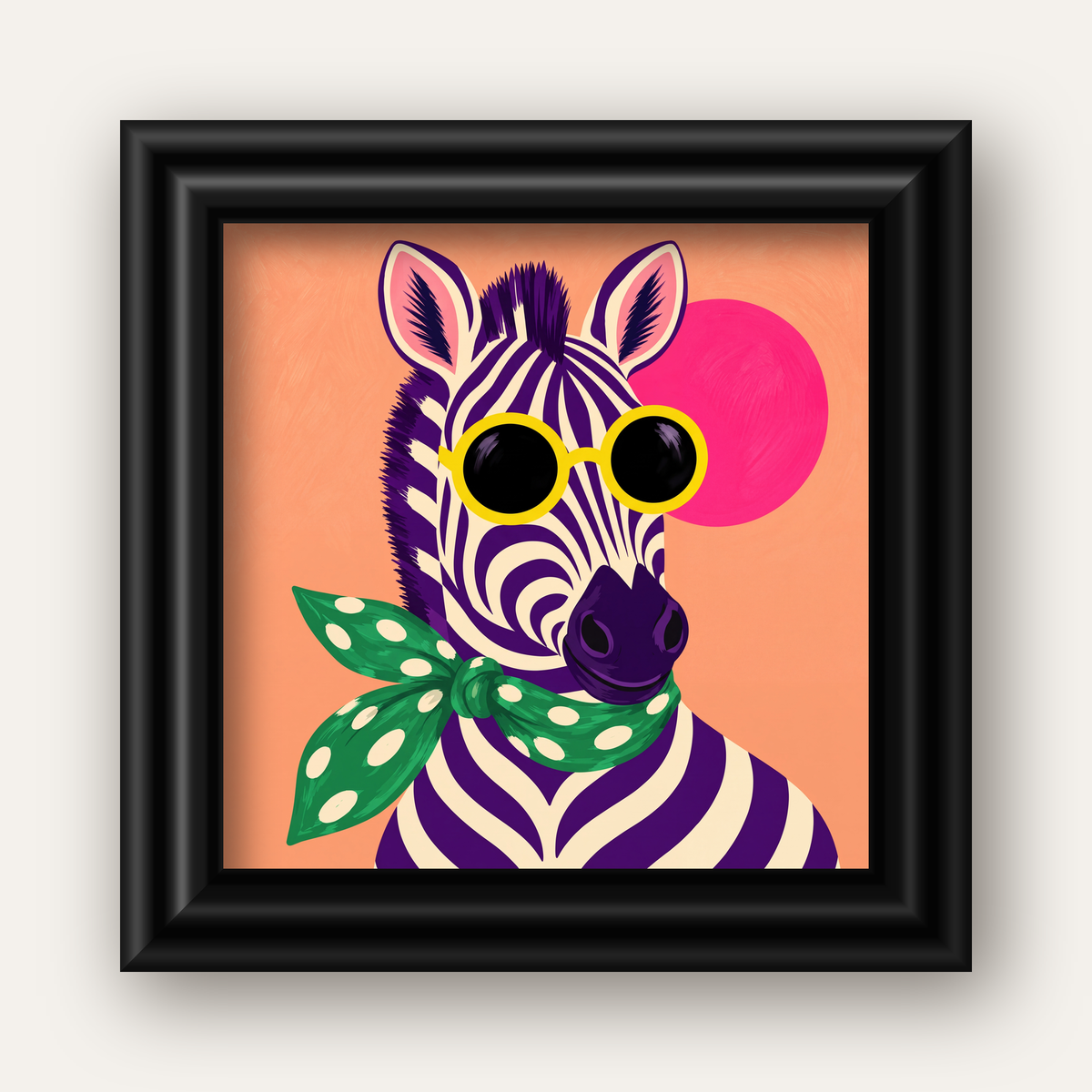 Retro Zebra Portresi Poster — Modern Renklerde Duvar Dekoru — siyah galeri çerçeveli