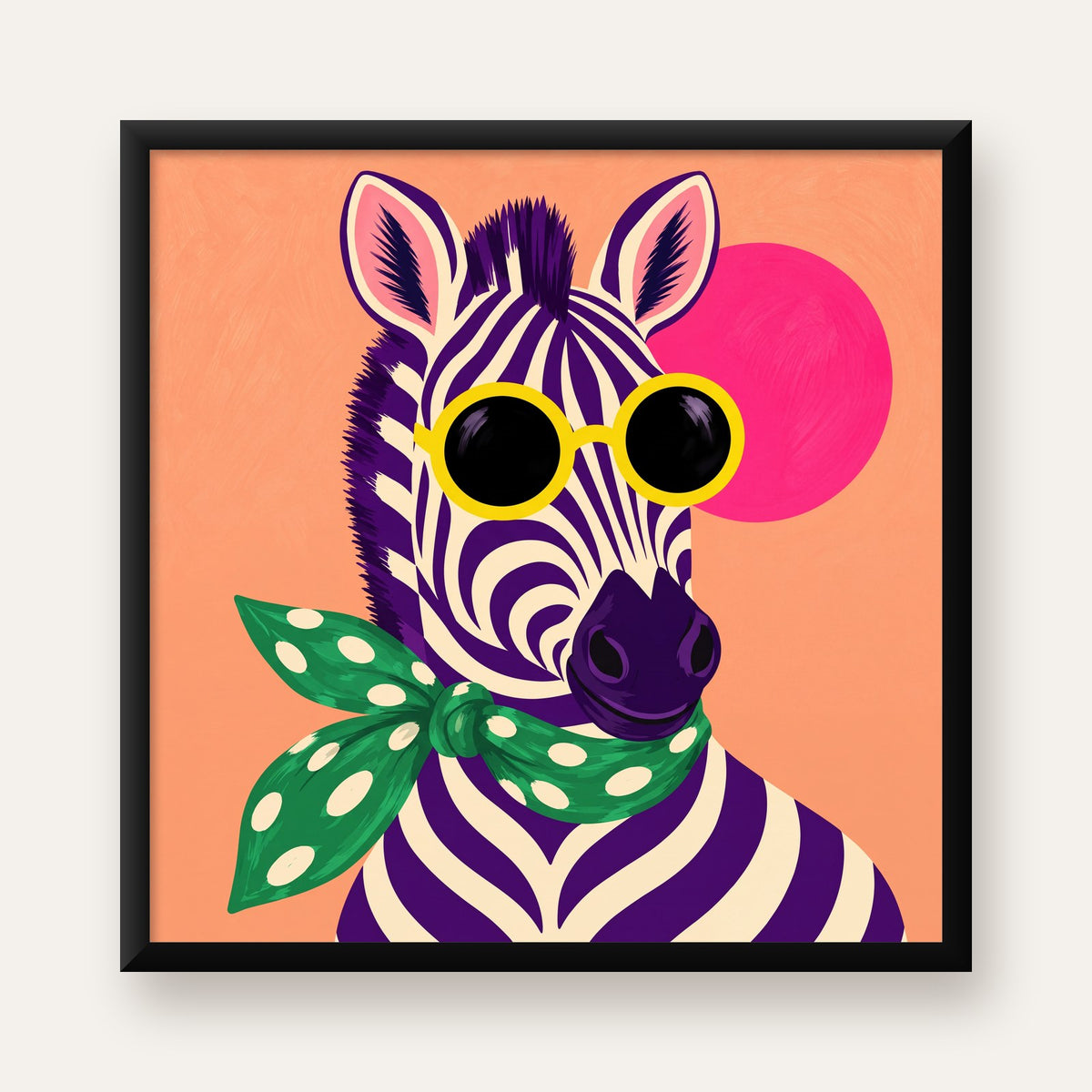 Retro Zebra Portresi Poster — Modern Renklerde Duvar Dekoru — Kare baskı, düz siyah çerçeveli duvar posteri
