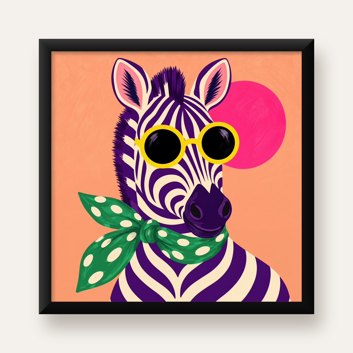 Retro Zebra Portresi Poster — Modern Renklerde Duvar Dekoru — Kare baskı, düz siyah çerçeveli duvar posteri