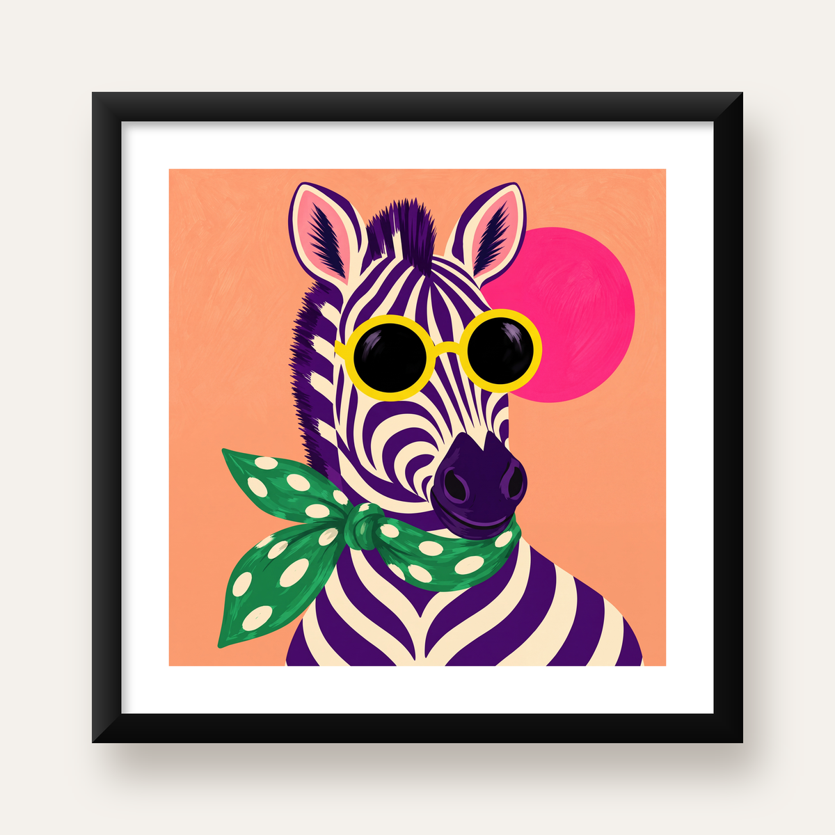 Retro Zebra Portresi Poster — Modern Renklerde Duvar Dekoru — Kare baskı, beyaz paspartulu