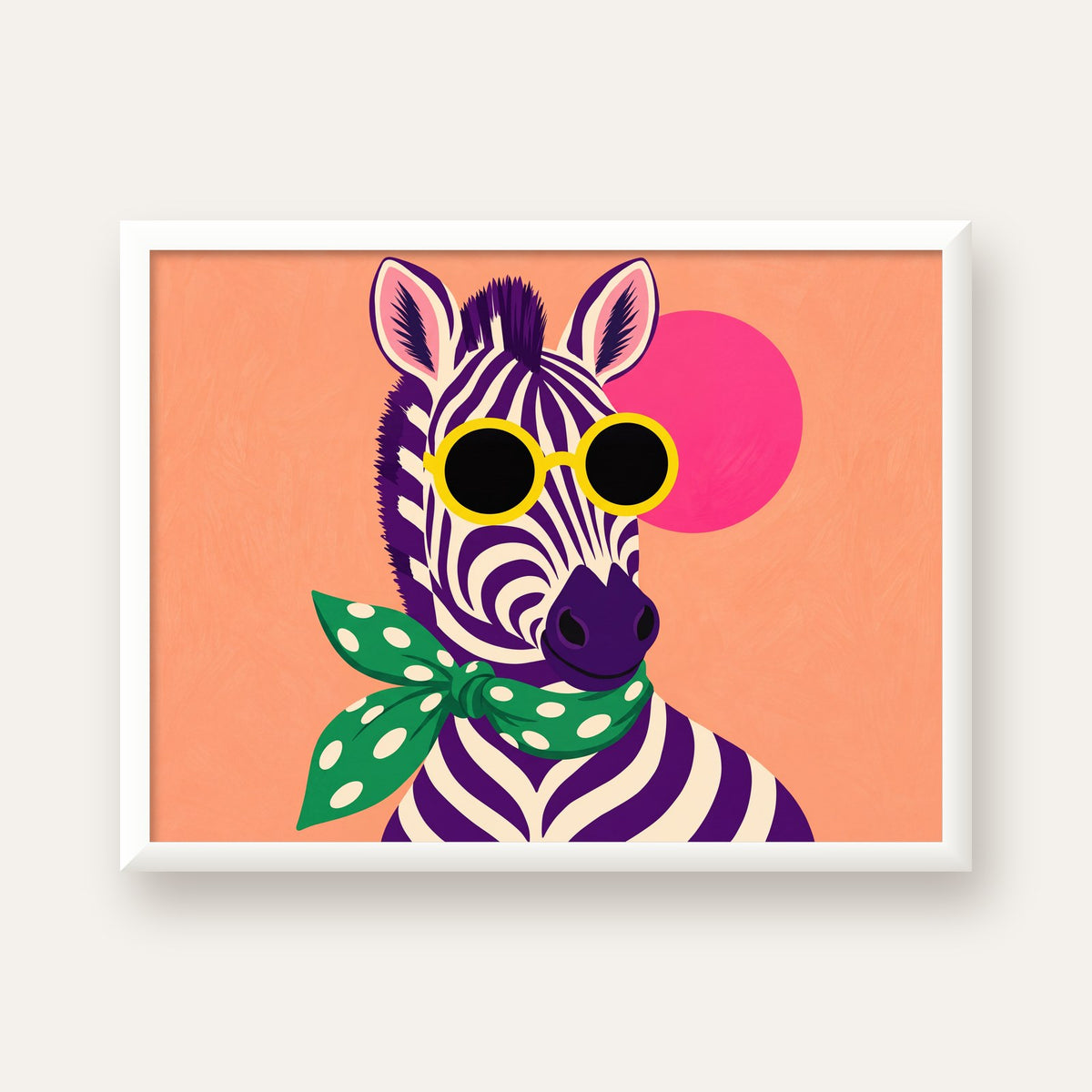 Retro Zebra Portresi Poster — Modern Renklerde Duvar Dekoru — beyaz çerçeveli yatay poster