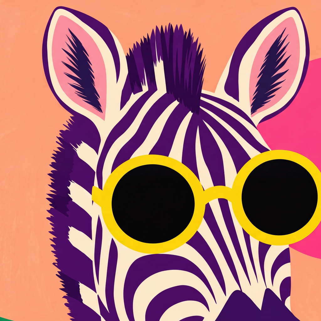 Retro Zebra Portresi Poster — Modern Renklerde Duvar Dekoru — baskının yakın çekimi, kâğıt dokusu ve renk detayı