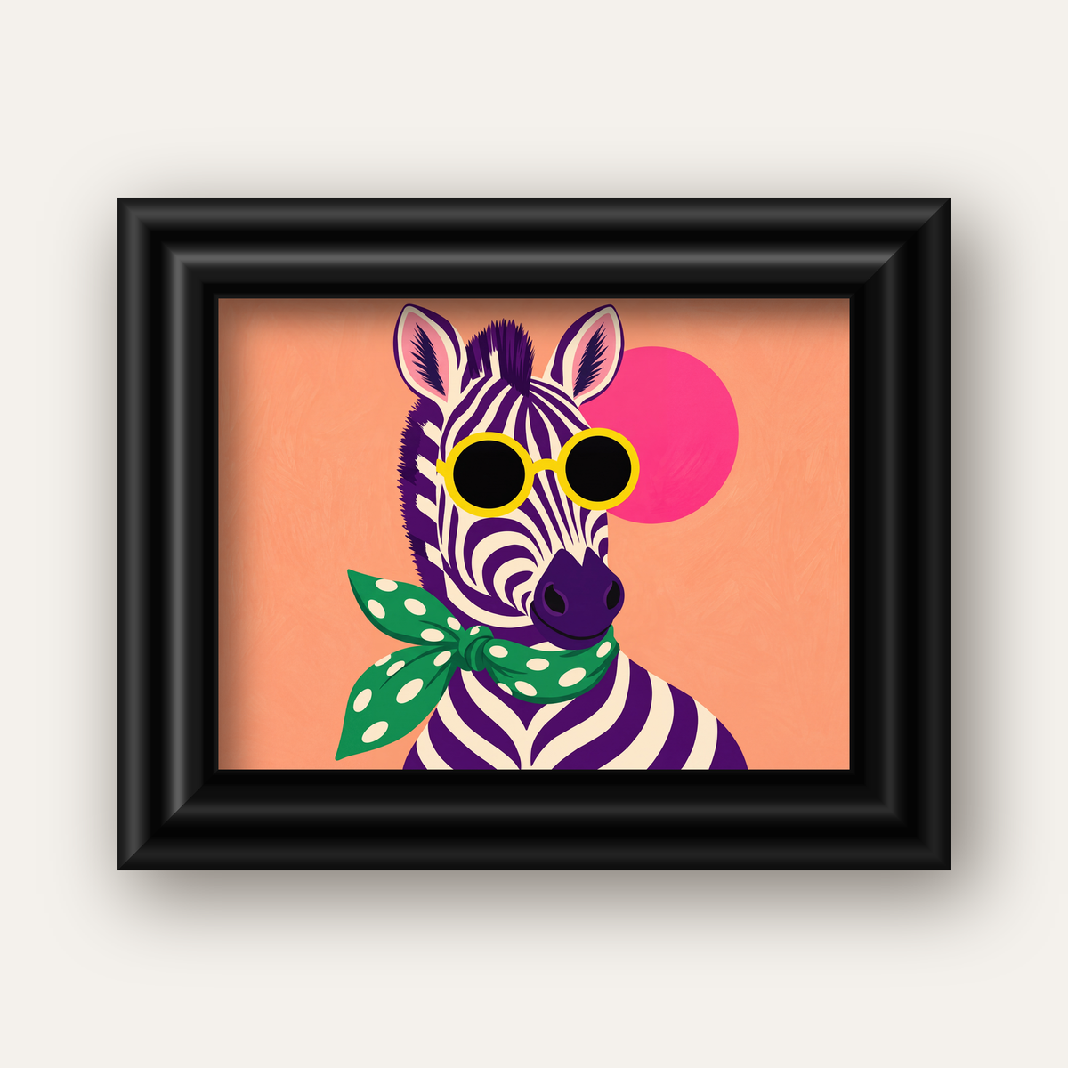 Retro Zebra Portresi Poster — Modern Renklerde Duvar Dekoru — siyah galeri çerçeveli