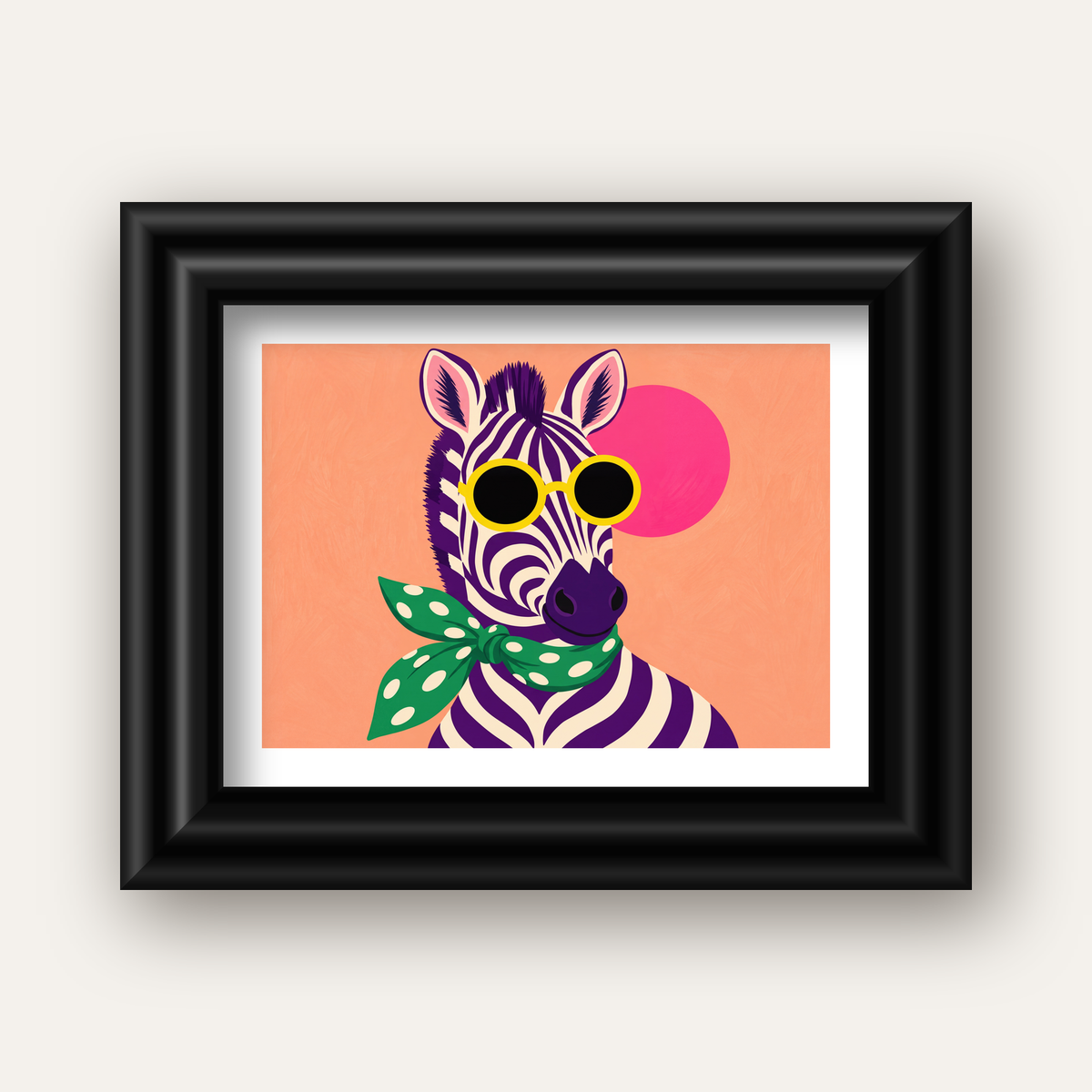 Retro Zebra Portresi Poster — Modern Renklerde Duvar Dekoru — siyah galeri çerçeveli paspartulu