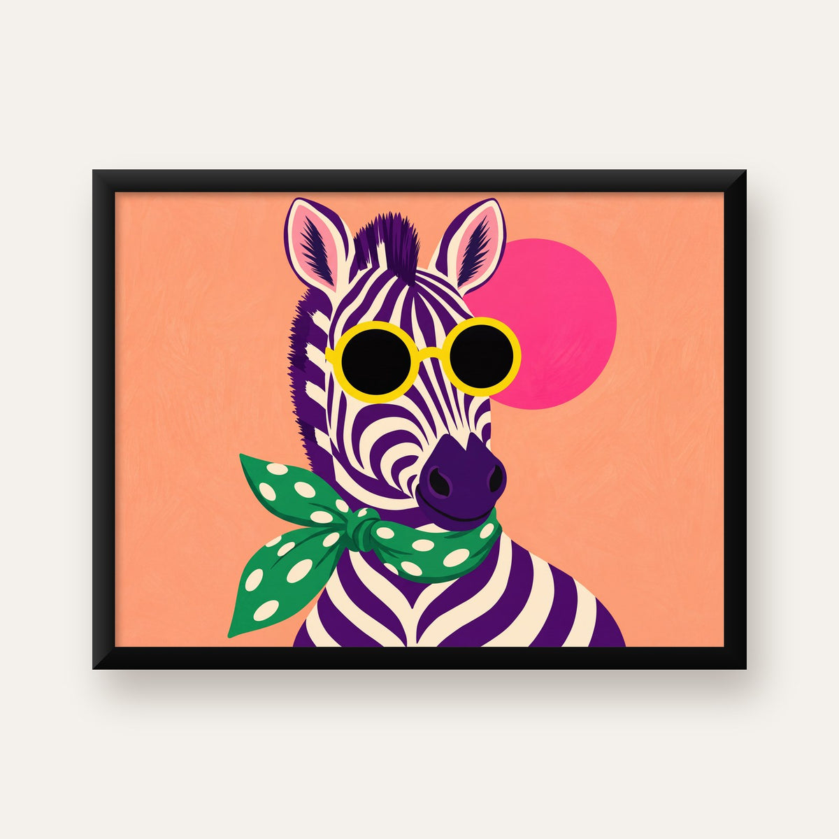 Retro Zebra Portresi Poster — Modern Renklerde Duvar Dekoru — Yatay baskı, düz siyah çerçeveli duvar posteri