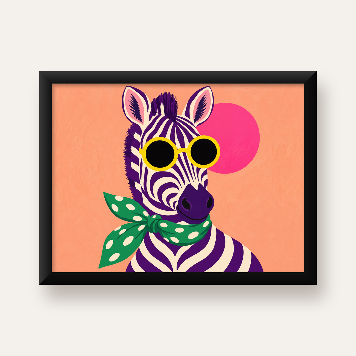 Retro Zebra Portresi Poster — Modern Renklerde Duvar Dekoru — Yatay baskı, düz siyah çerçeveli duvar posteri