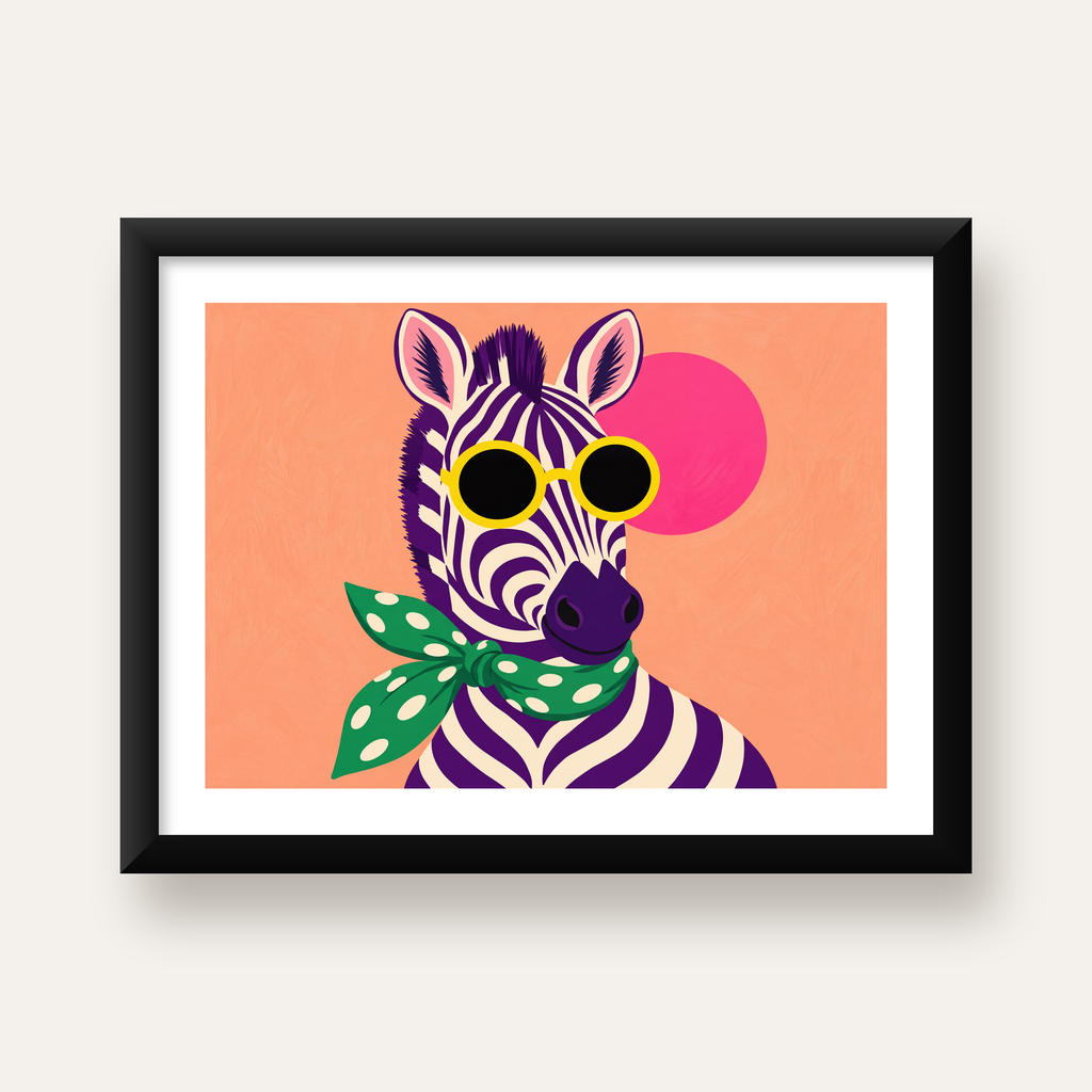 Retro Zebra Portresi Poster — Modern Renklerde Duvar Dekoru — Yatay baskı, beyaz paspartulu