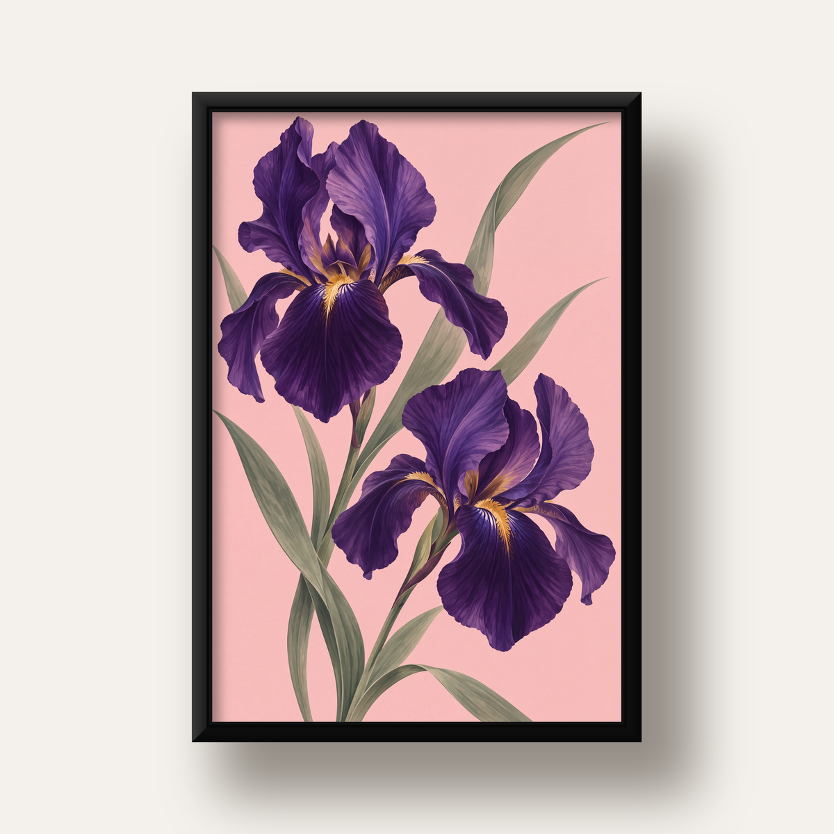 Mor İris Çiçeği İllüstrasyonu Poster – Zarif Botanik Sanat — siyah derin çerçeveli