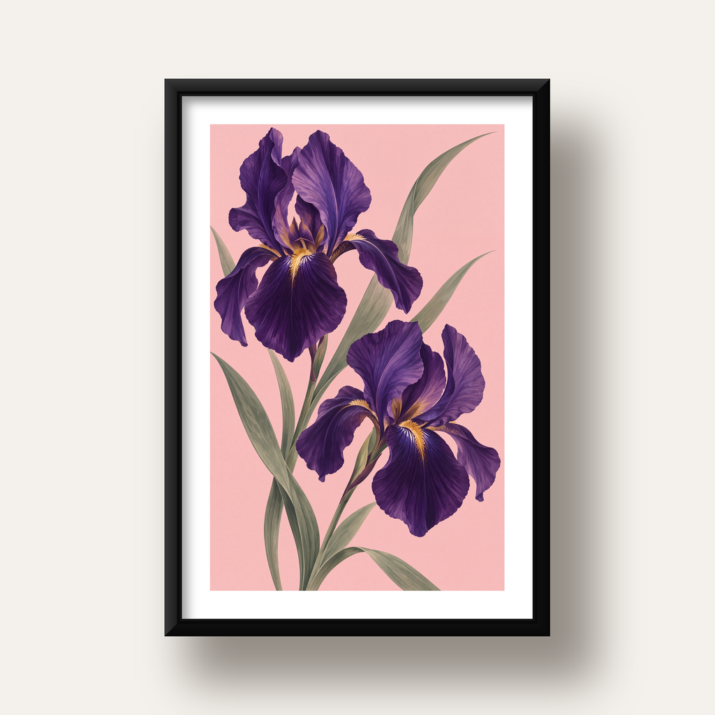 Mor İris Çiçeği İllüstrasyonu Poster – Zarif Botanik Sanat — siyah derin çerçeveli paspartulu