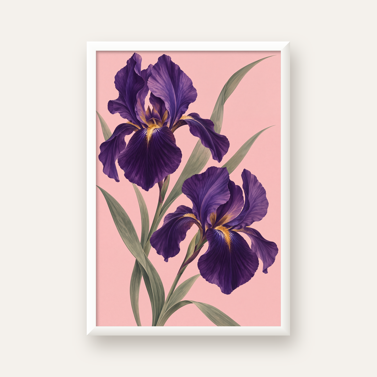 Mor İris Çiçeği İllüstrasyonu Poster – Zarif Botanik Sanat — beyaz çerçeveli dikey poster