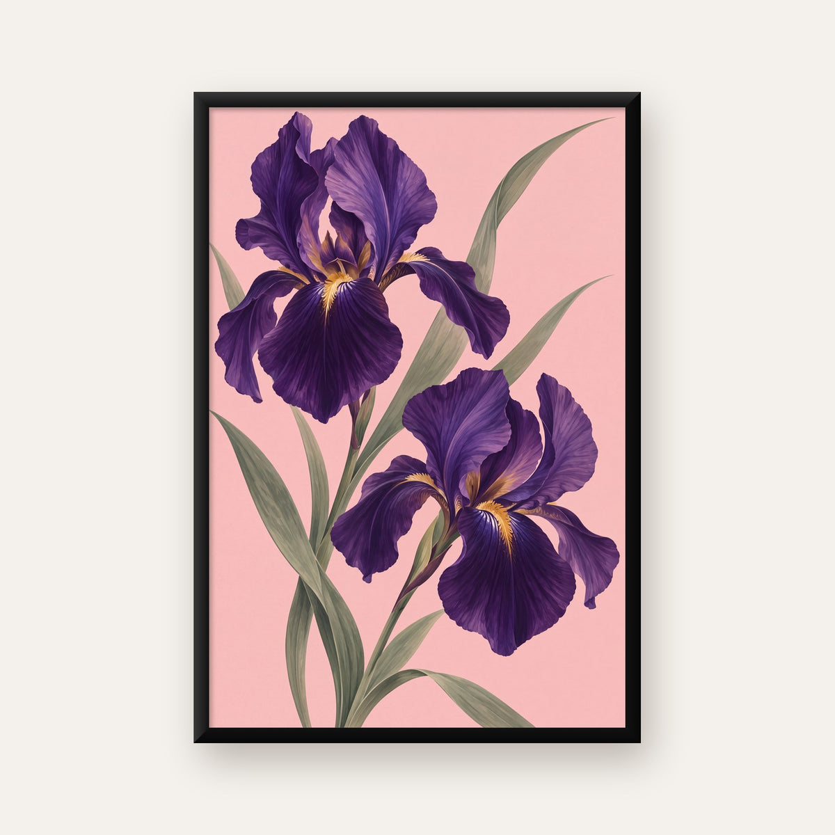 Mor İris Çiçeği İllüstrasyonu Poster – Zarif Botanik Sanat — ceviz çerçeveli