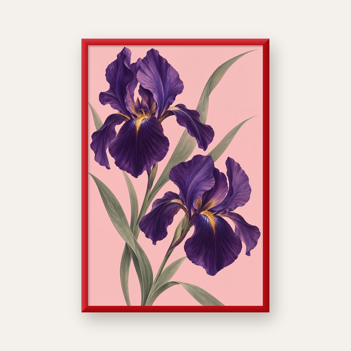 Mor İris Çiçeği İllüstrasyonu Poster – Zarif Botanik Sanat — kırmızı çerçeveli