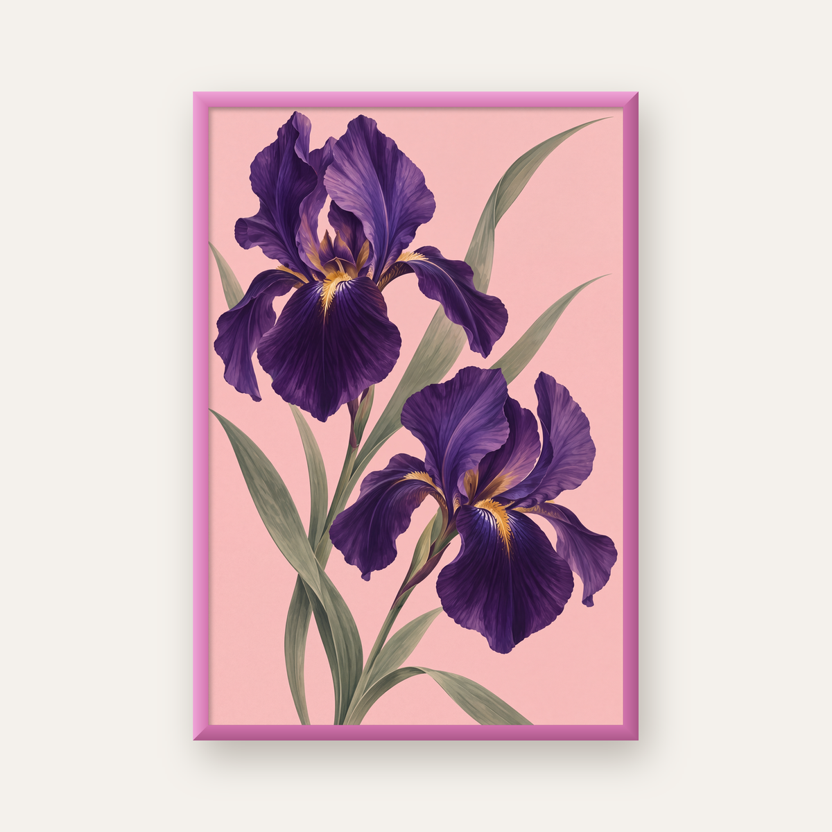 Mor İris Çiçeği İllüstrasyonu Poster – Zarif Botanik Sanat — pembe çerçeveli