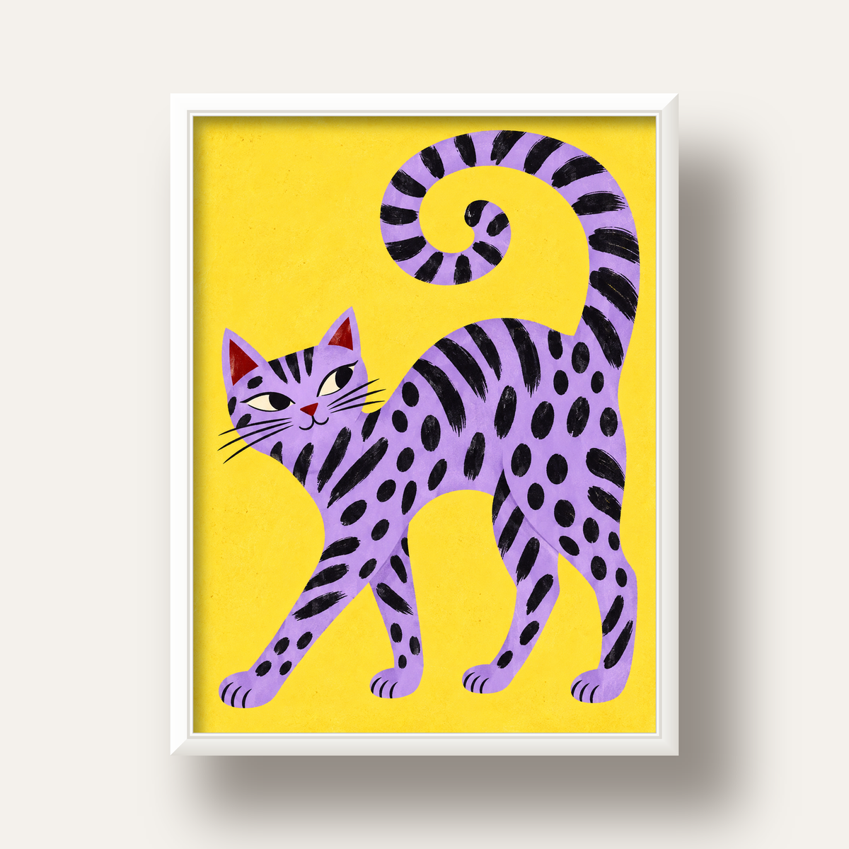 Mor Çizgili Kedi İllüstrasyonu Poster – Sevimli Sanat Baskısı — beyaz derin çerçeveli
