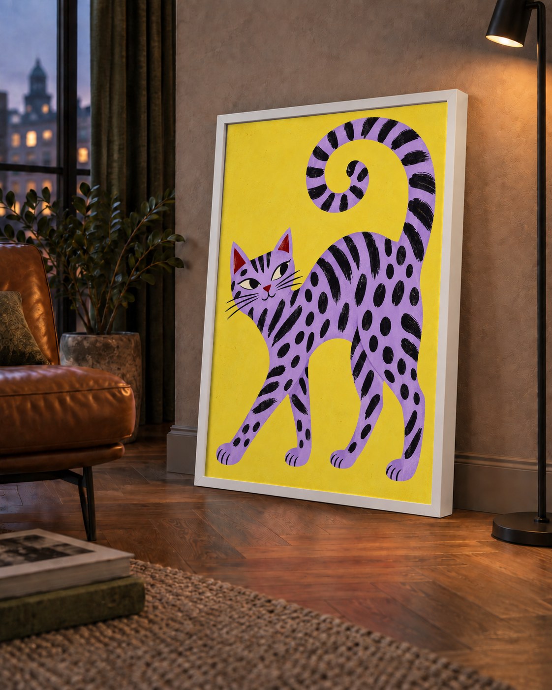 Mor Çizgili Kedi İllüstrasyonu Poster – Sevimli Sanat Baskısı — çerçeveli hâliyle bir ev duvarında