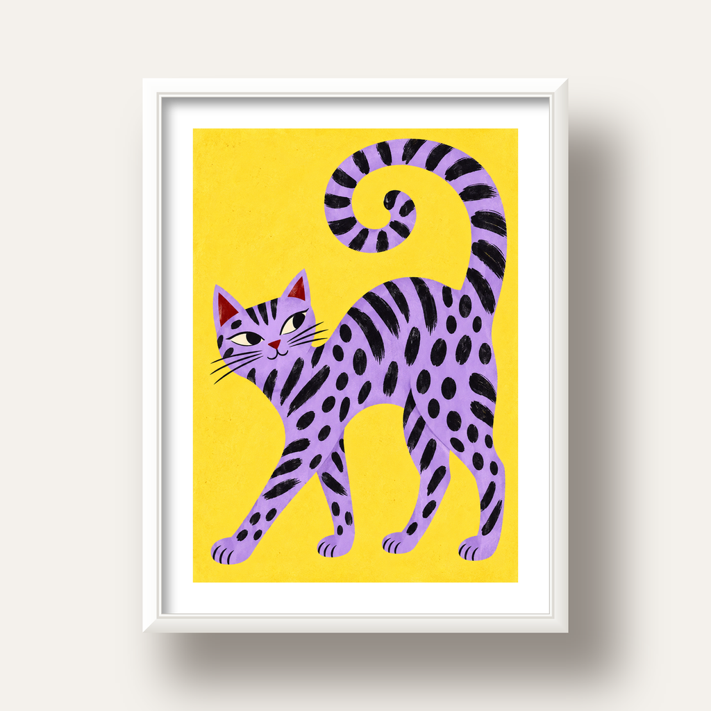 Mor Çizgili Kedi İllüstrasyonu Poster – Sevimli Sanat Baskısı — beyaz derin çerçeveli paspartulu