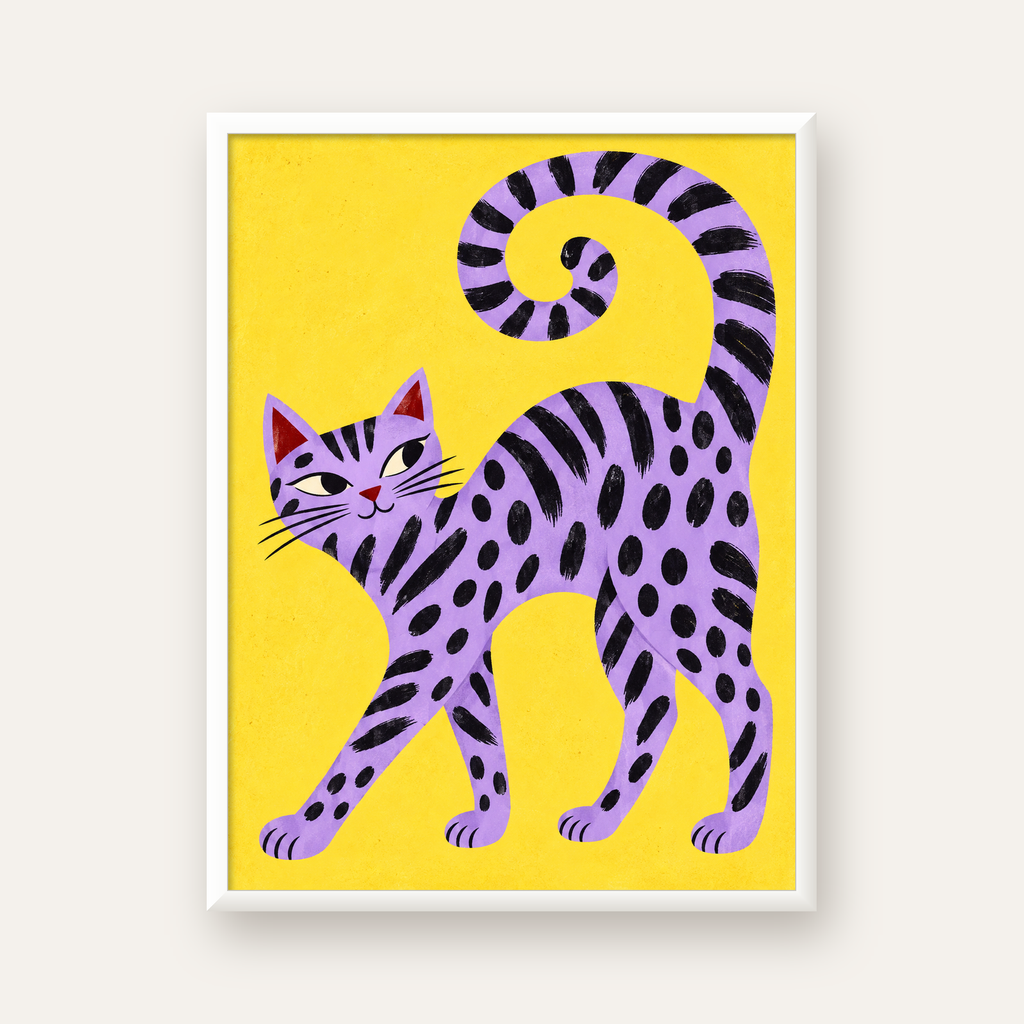 Mor Çizgili Kedi İllüstrasyonu Poster – Sevimli Sanat Baskısı — beyaz çerçeveli dikey poster