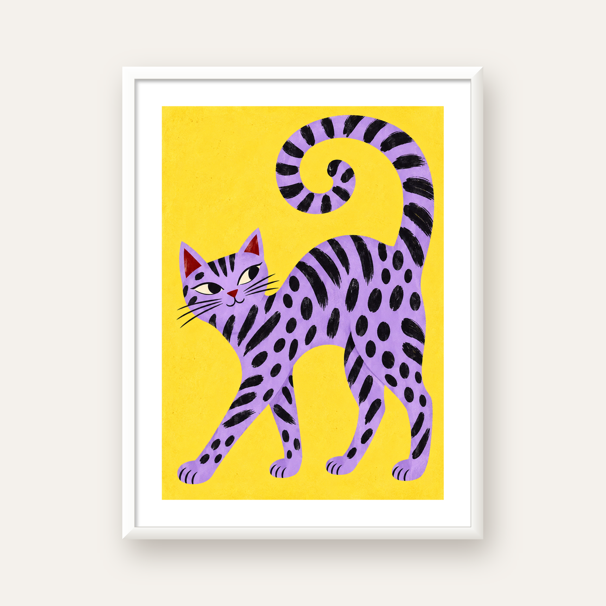 Mor Çizgili Kedi İllüstrasyonu Poster – Sevimli Sanat Baskısı — beyaz çerçeveli dikey poster
