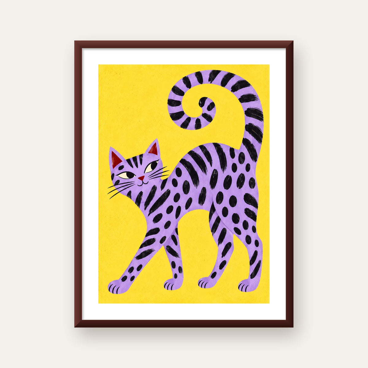 Mor Çizgili Kedi İllüstrasyonu Poster – Sevimli Sanat Baskısı — ceviz çerçeveli paspartulu