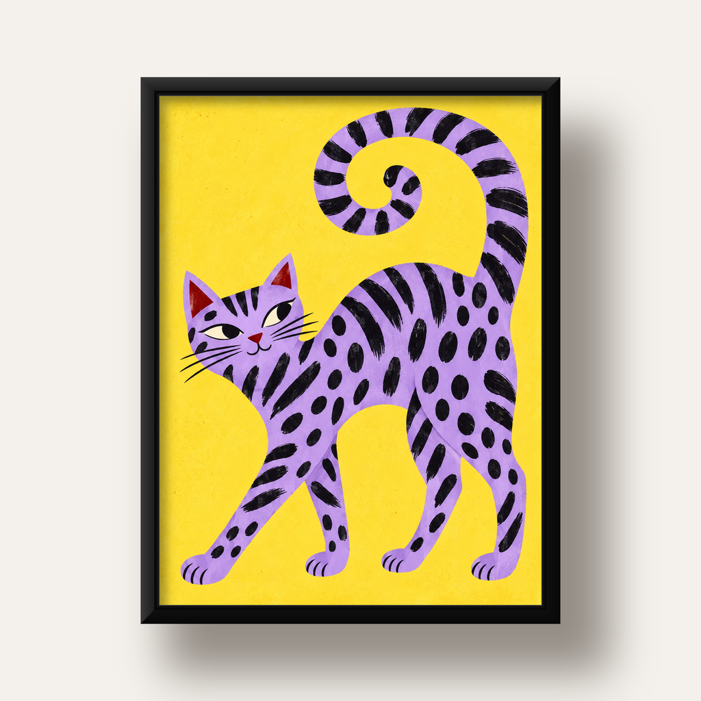 Mor Çizgili Kedi İllüstrasyonu Poster – Sevimli Sanat Baskısı — siyah derin çerçeveli