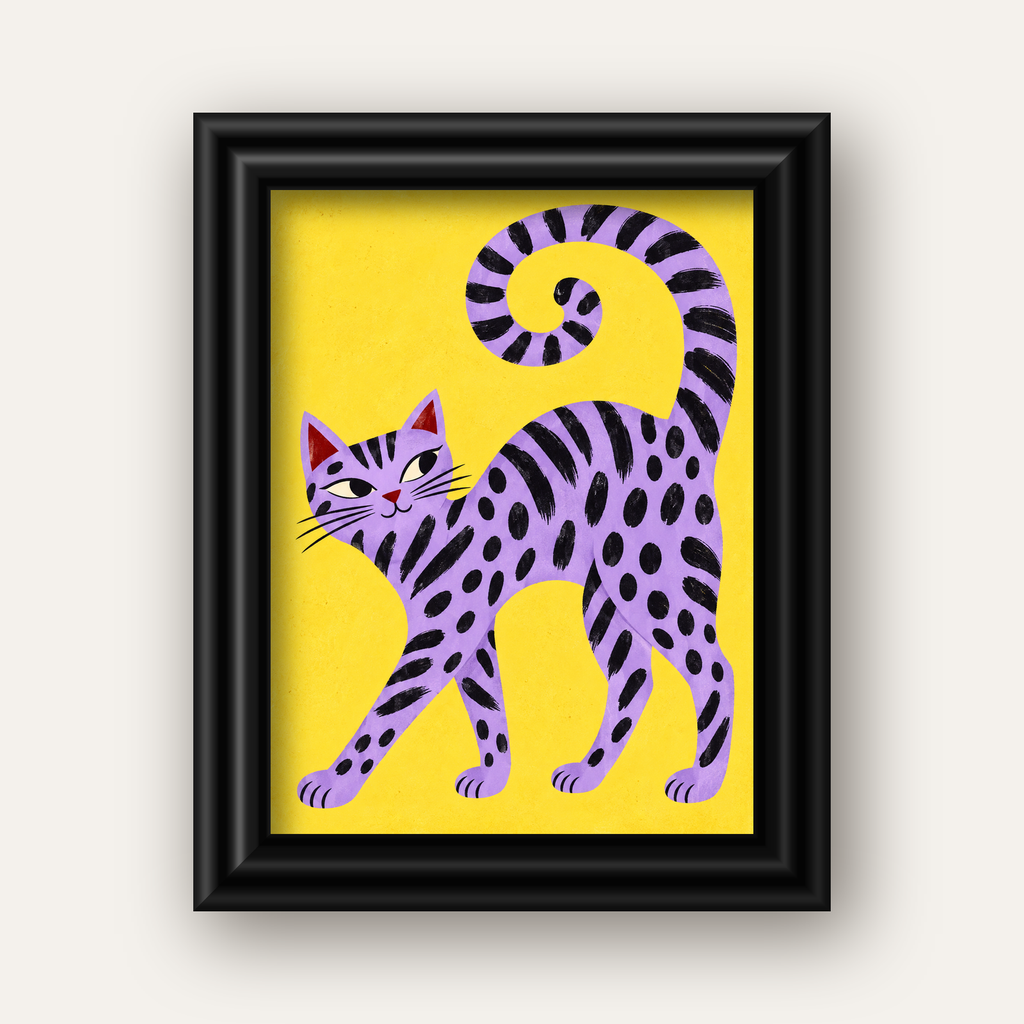Mor Çizgili Kedi İllüstrasyonu Poster – Sevimli Sanat Baskısı — siyah galeri çerçeveli