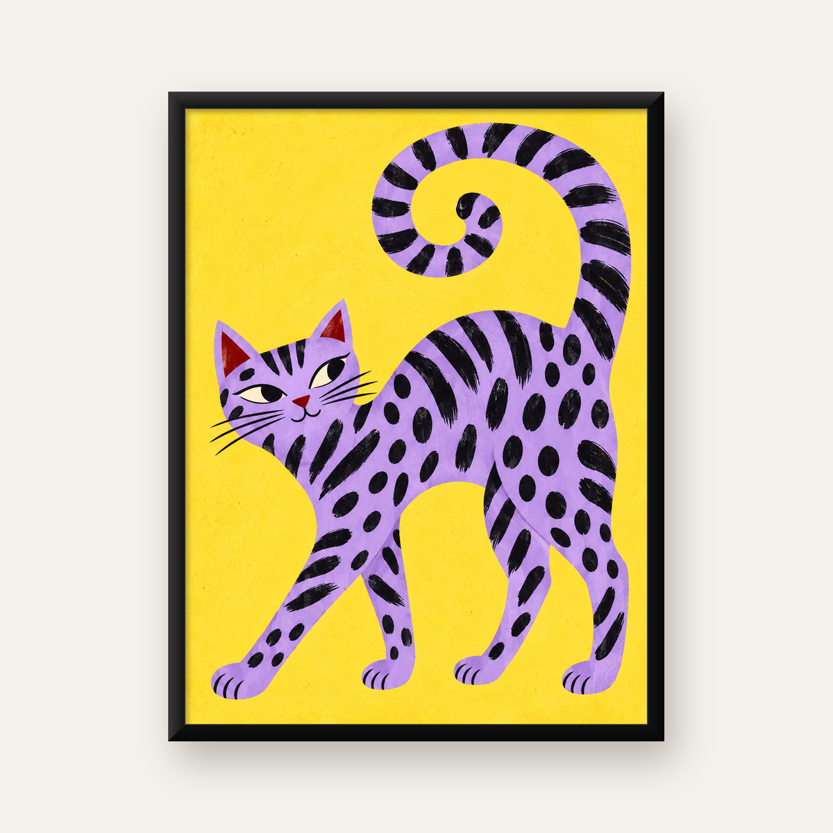 Mor Çizgili Kedi İllüstrasyonu Poster – Sevimli Sanat Baskısı — Dikey baskı, düz siyah çerçeveli duvar posteri