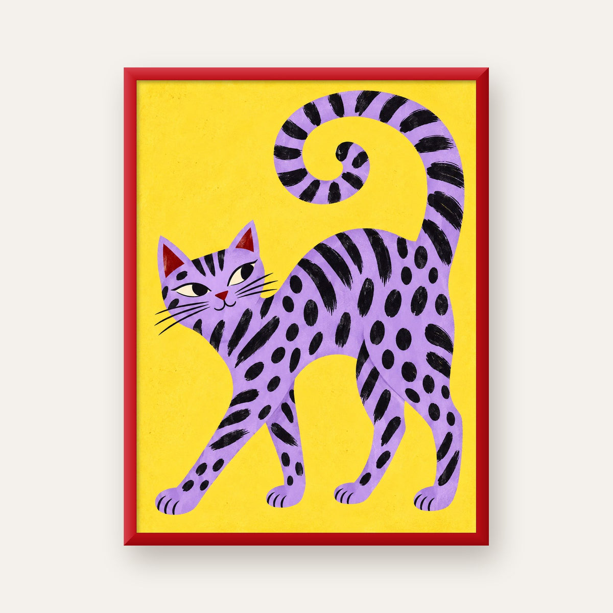 Mor Çizgili Kedi İllüstrasyonu Poster – Sevimli Sanat Baskısı — kırmızı çerçeveli
