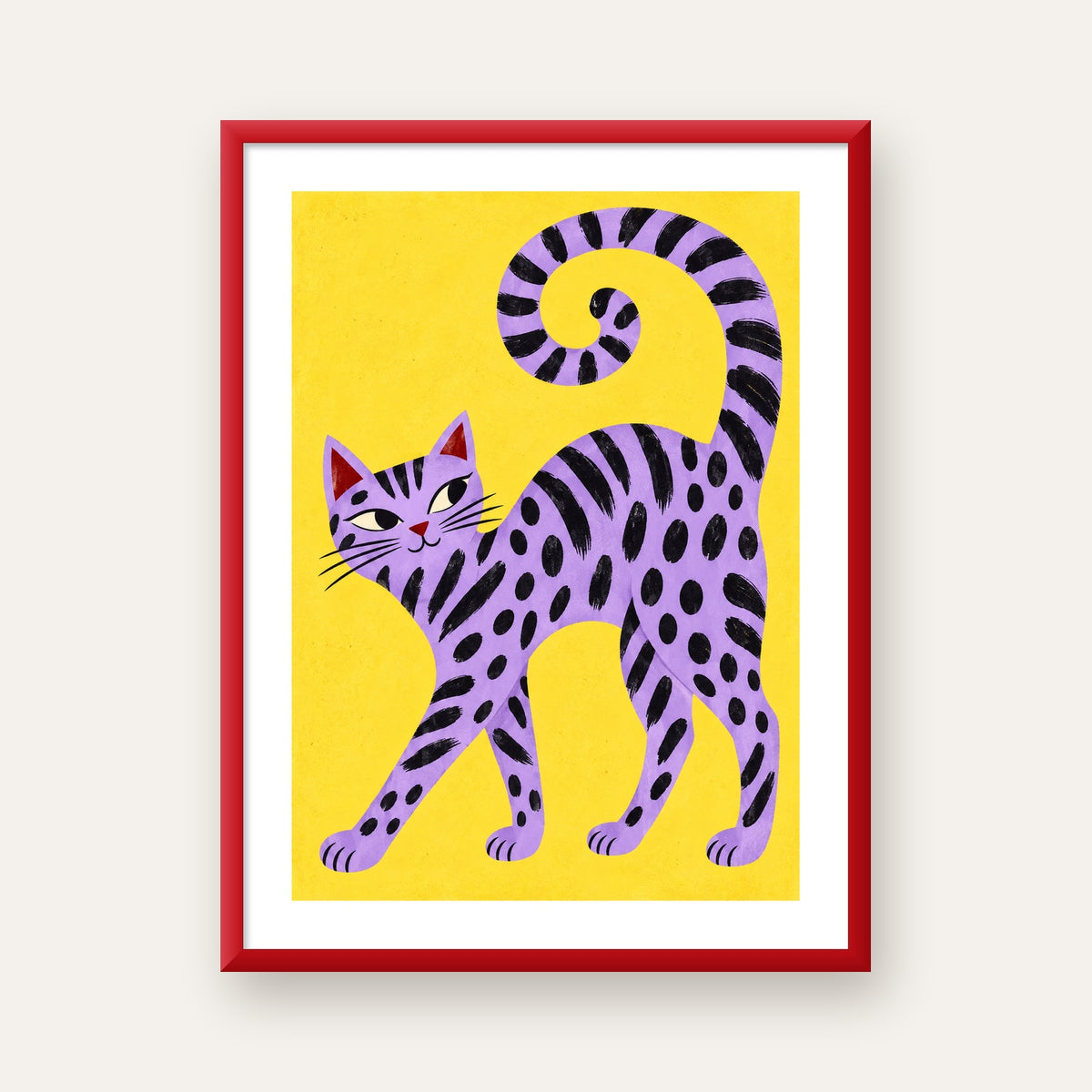 Mor Çizgili Kedi İllüstrasyonu Poster – Sevimli Sanat Baskısı — kırmızı çerçeveli paspartulu