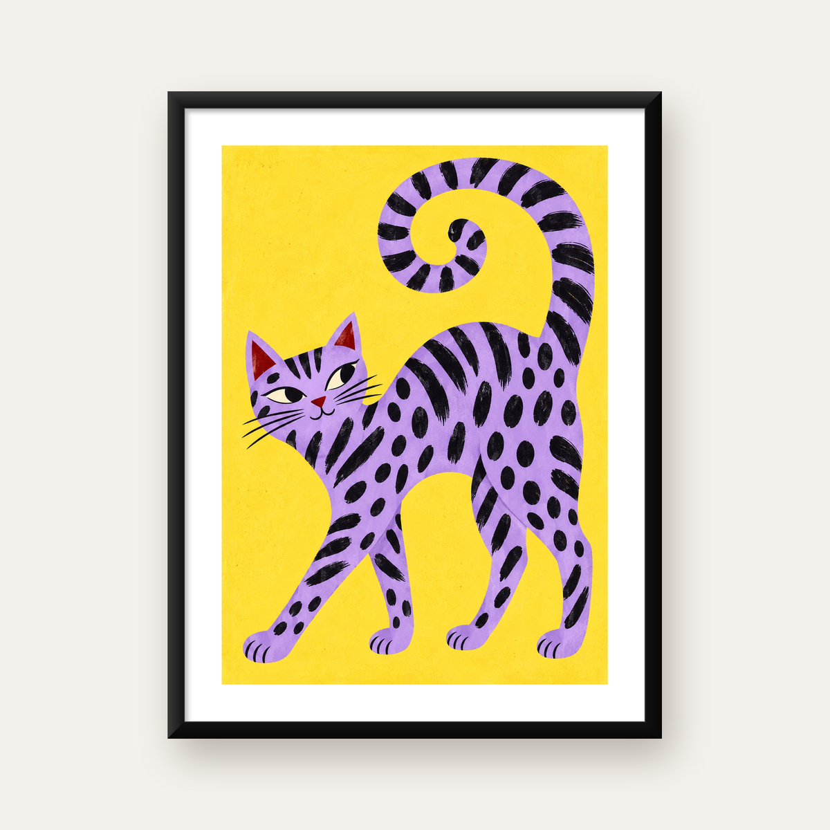 Mor Çizgili Kedi İllüstrasyonu Poster – Sevimli Sanat Baskısı — Dikey baskı, beyaz paspartulu