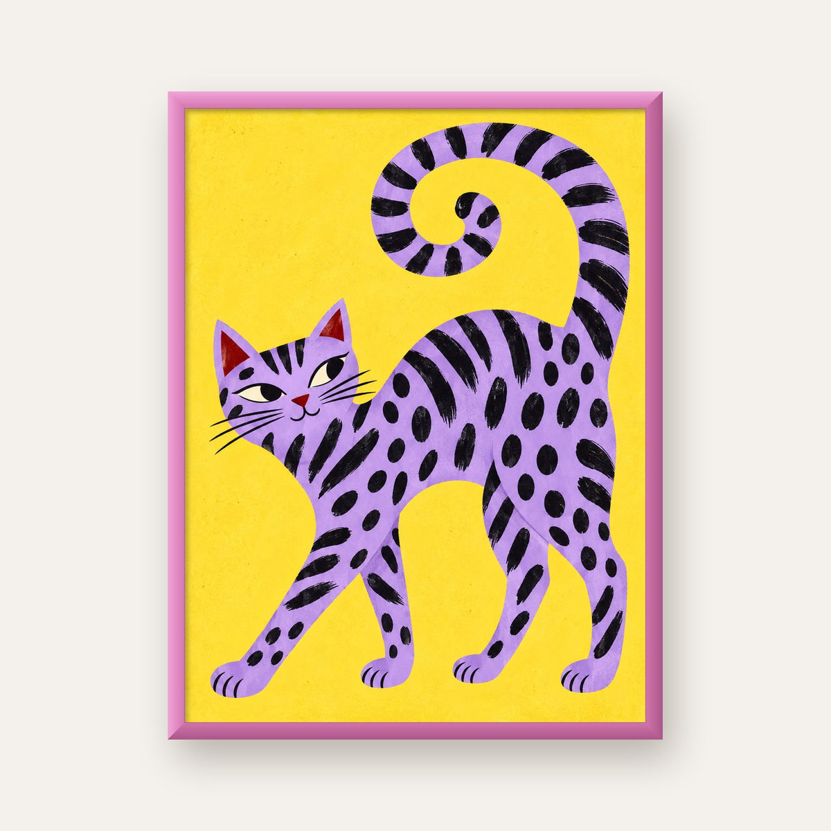Mor Çizgili Kedi İllüstrasyonu Poster – Sevimli Sanat Baskısı — pembe çerçeveli