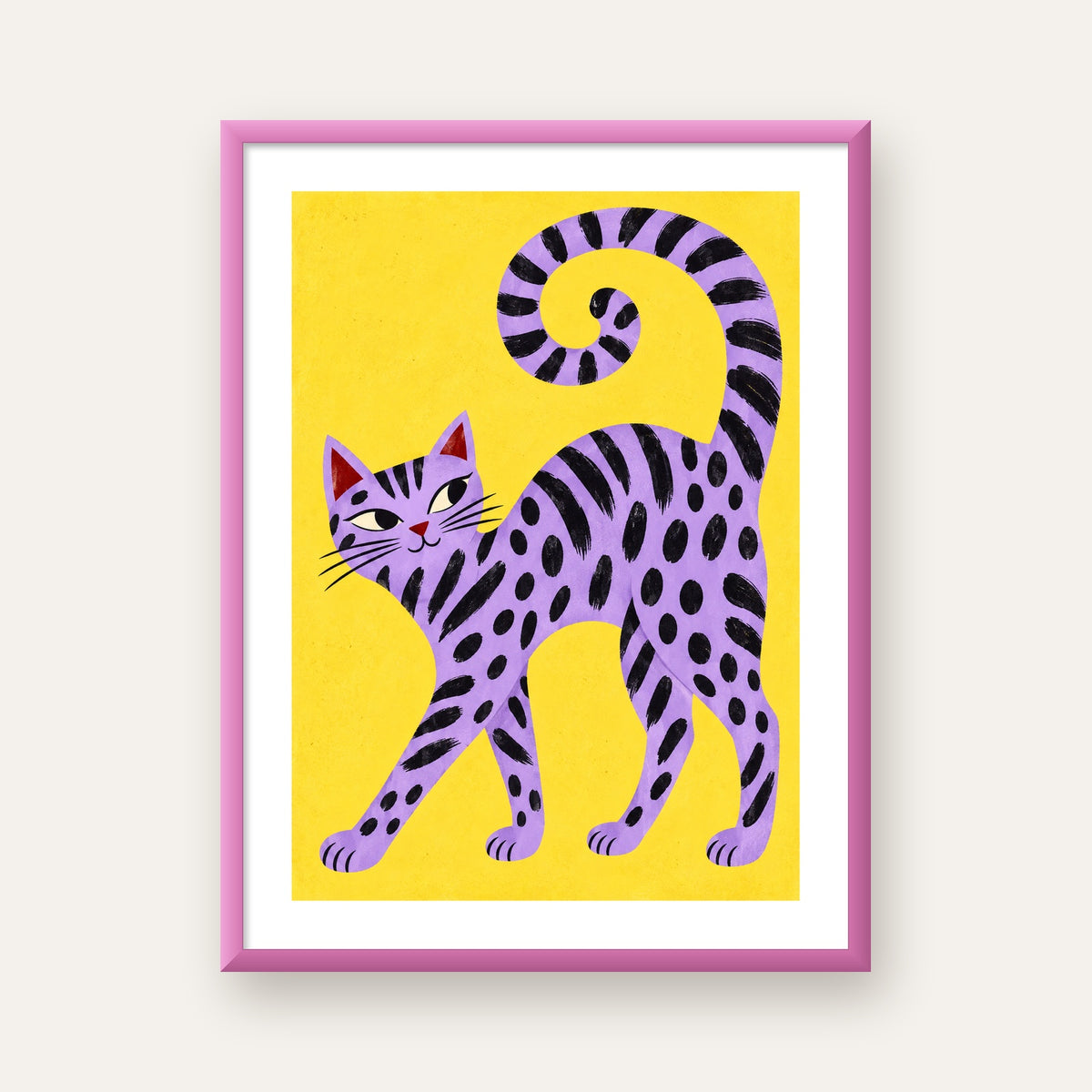 Mor Çizgili Kedi İllüstrasyonu Poster – Sevimli Sanat Baskısı — pembe çerçeveli paspartulu