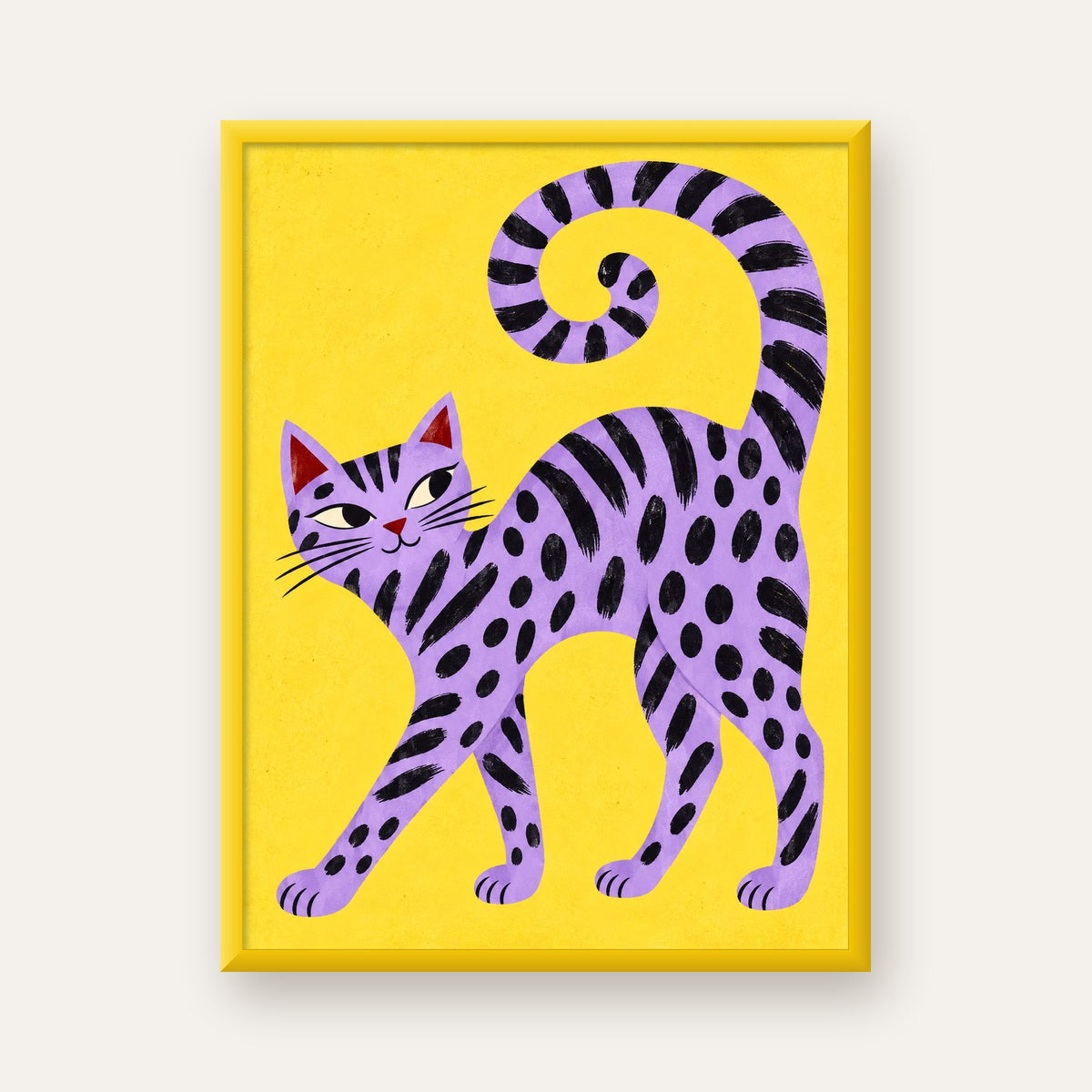 Mor Çizgili Kedi İllüstrasyonu Poster – Sevimli Sanat Baskısı — sarı çerçeveli