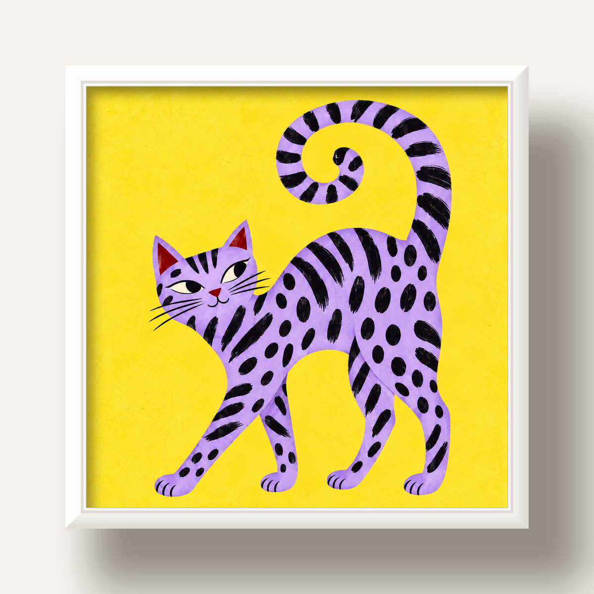 Mor Çizgili Kedi İllüstrasyonu Poster – Sevimli Sanat Baskısı — beyaz derin çerçeveli