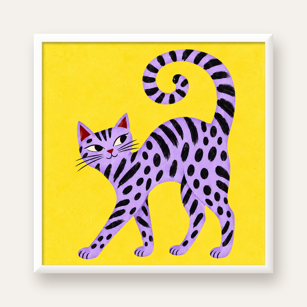 Mor Çizgili Kedi İllüstrasyonu Poster – Sevimli Sanat Baskısı — beyaz çerçeveli kare poster